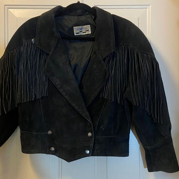 VTG,80s YEARBOOK Women Black Leather Concho Suede Fringe Jacket Sz M Approximate - Picture 1 of 16